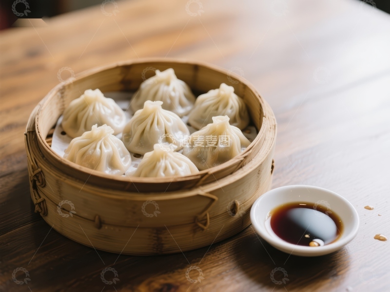 高清大图下载【趣麦麦图】竹笼蒸饺配酱油碟
