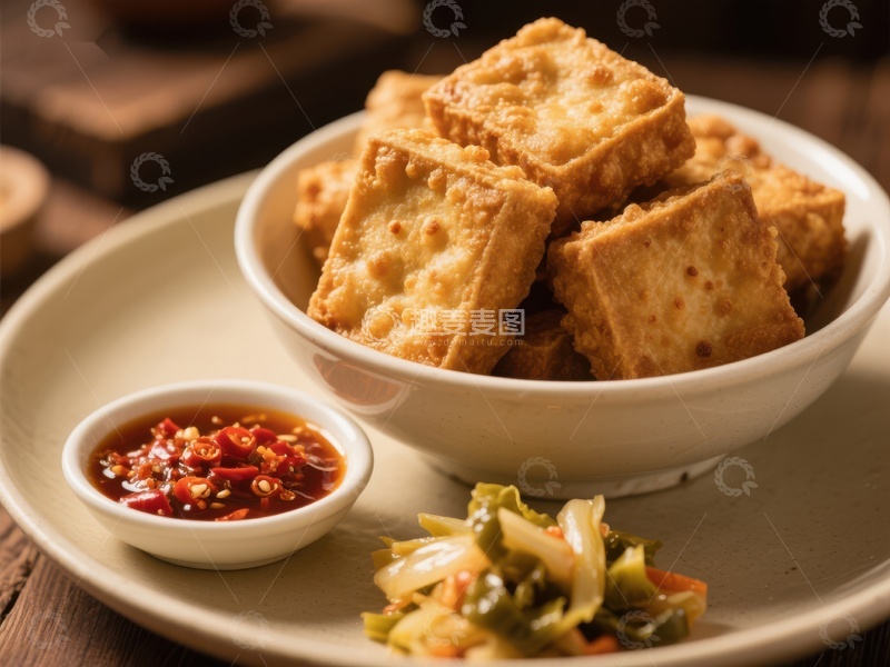 高清大图下载【趣麦麦图】金黄酥脆豆腐配辣椒酱与泡菜