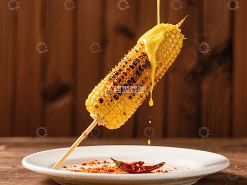 烤玉米淋酱，辣椒点缀