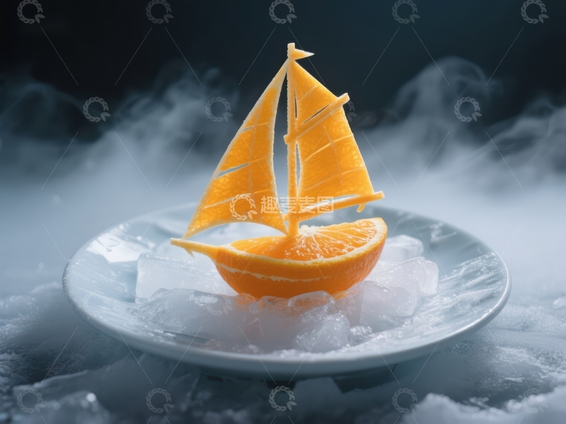 高清大图下载【趣麦麦图】橙子帆船冰上漂浮创意美食