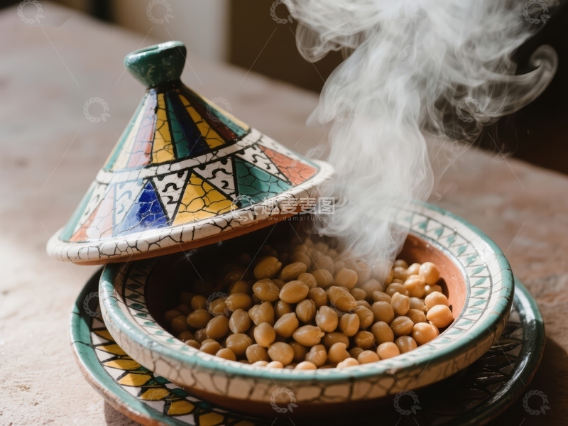 高清大图下载【趣麦麦图】热气腾腾的陶瓷锅中的鹰嘴豆