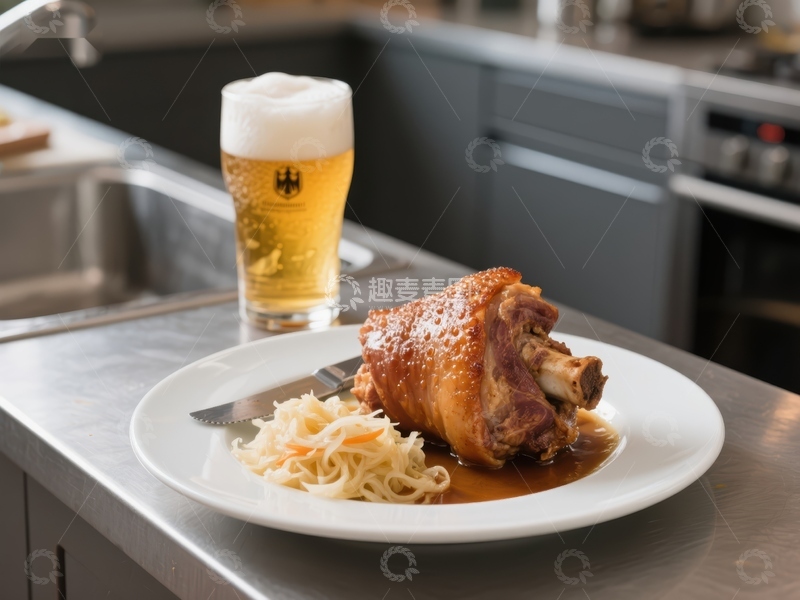 高清大图下载【趣麦麦图】烤猪肘配酸菜与啤酒