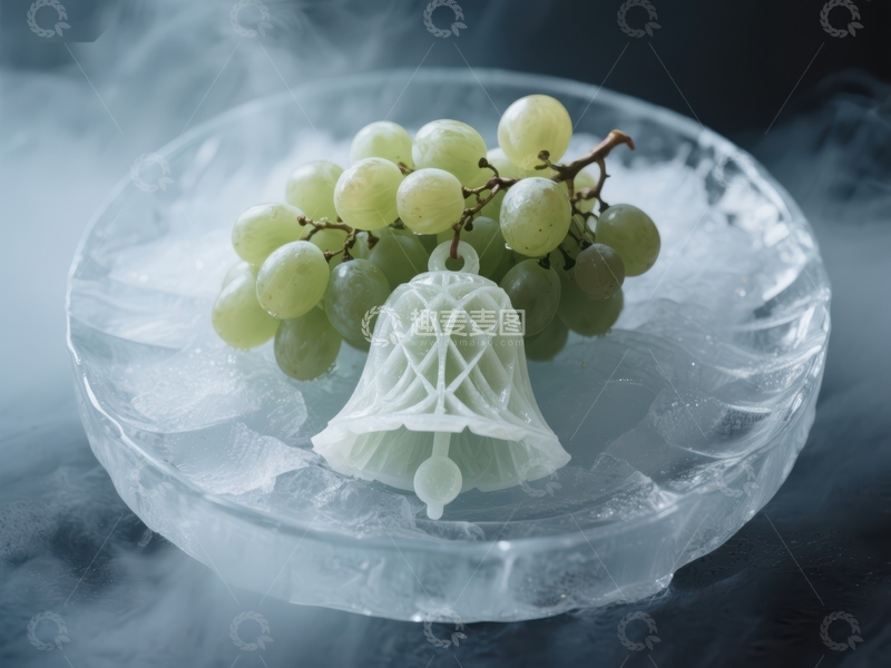 高清大图下载【趣麦麦图】冰盘上的葡萄与冰雕装饰