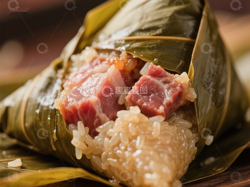高清大图下载【趣麦麦图】粽子特写：糯米与肉馅的完美结合