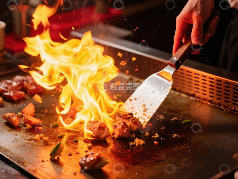 高清大图下载【趣麦麦图】火焰铁板烧：厨师翻炒食材瞬间