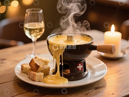 热气腾腾的奶酪火锅配面包和白葡萄酒