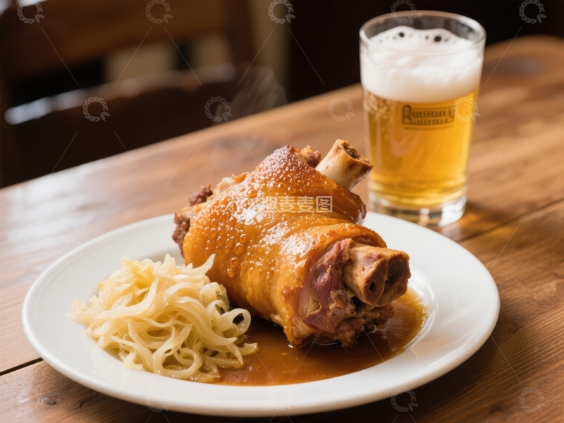 高清大图下载【趣麦麦图】烤猪肘配酸菜与啤酒