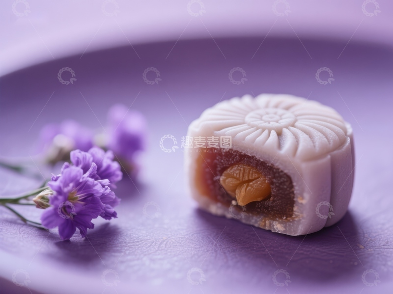 高清大图下载【趣麦麦图】精致月饼与紫色小花的静谧组合