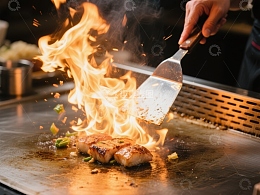 铁板烧火焰烹饪美食瞬间