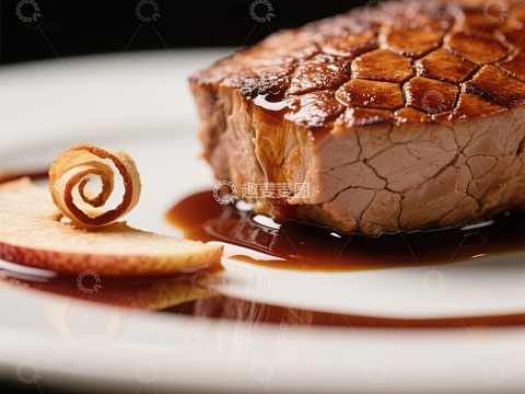 烤肉配苹果片，淋上酱汁