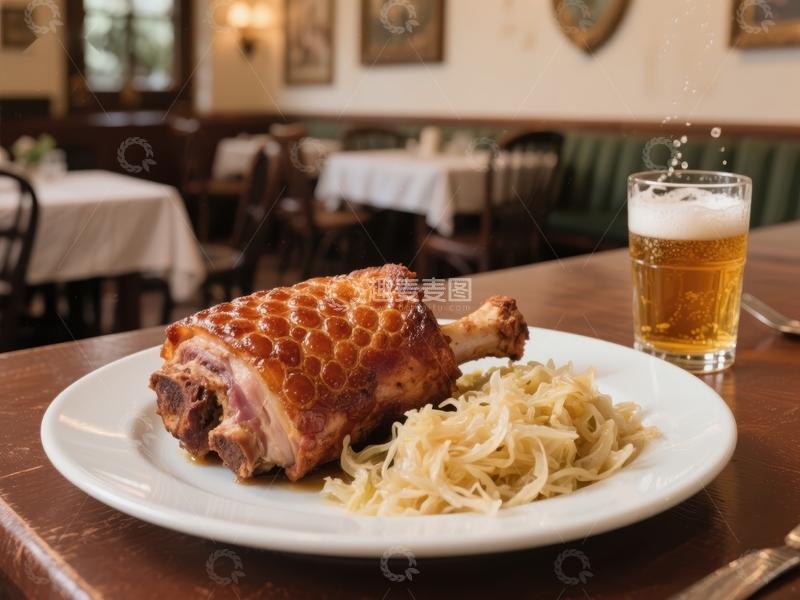高清大图下载【趣麦麦图】烤鸭配酸菜与啤酒，餐厅餐桌上的美食
