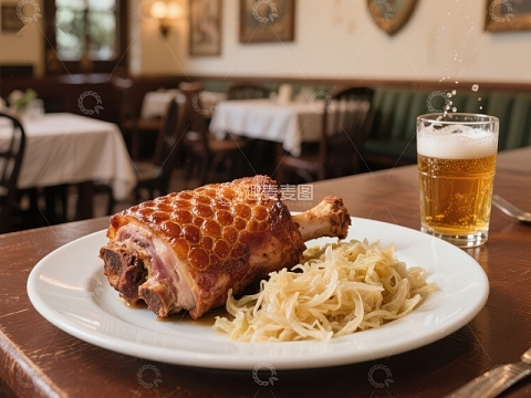 烤鸭配酸菜与啤酒，餐厅餐桌上的美食