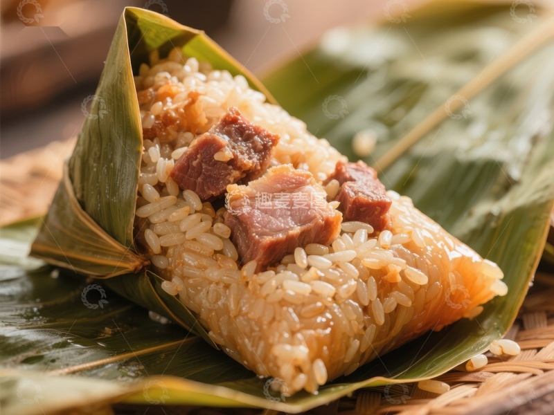 高清大图下载【趣麦麦图】粽子特写：糯米与肉馅的完美结合