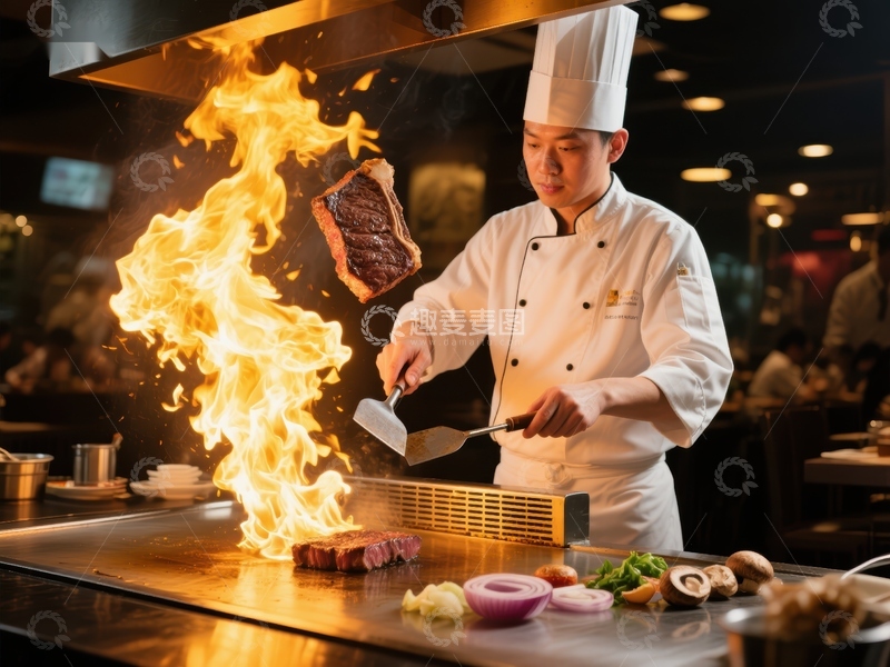 高清大图下载【趣麦麦图】厨师铁板烧制美味牛排