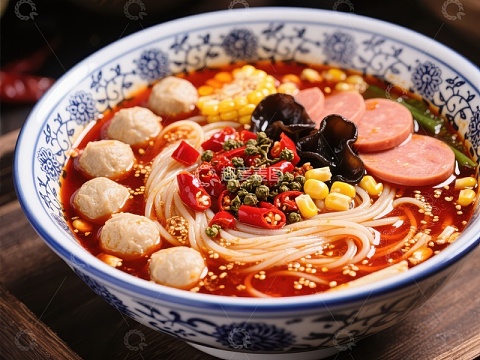 麻辣米线配肉丸与蔬菜