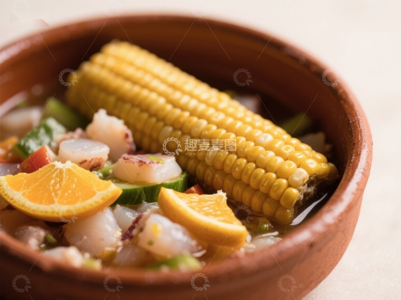高清大图下载【趣麦麦图】海鲜汤配玉米与橙片