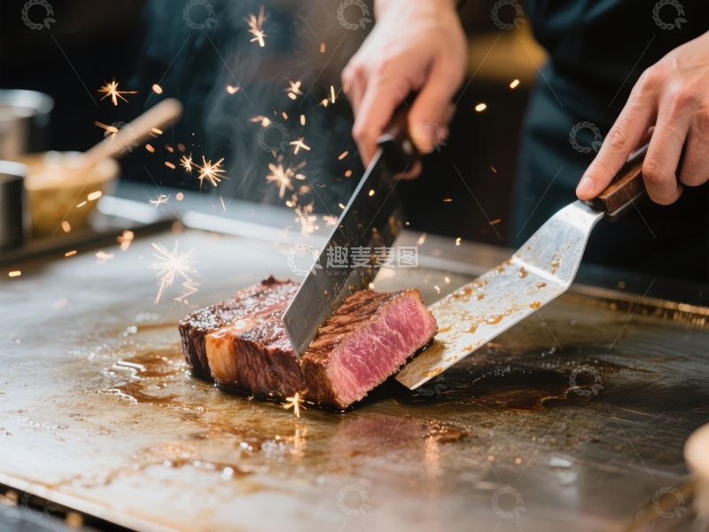 高清大图下载【趣麦麦图】铁板烧制牛肉，火花四溅