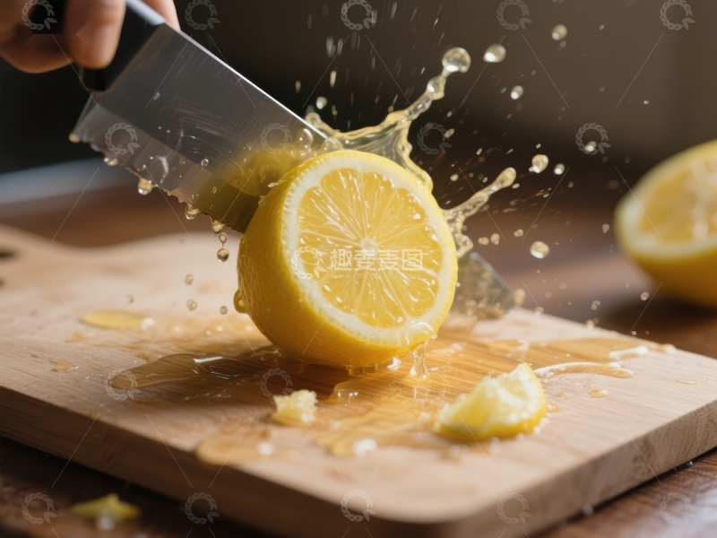 高清大图下载【趣麦麦图】刀切柠檬瞬间，汁液四溅