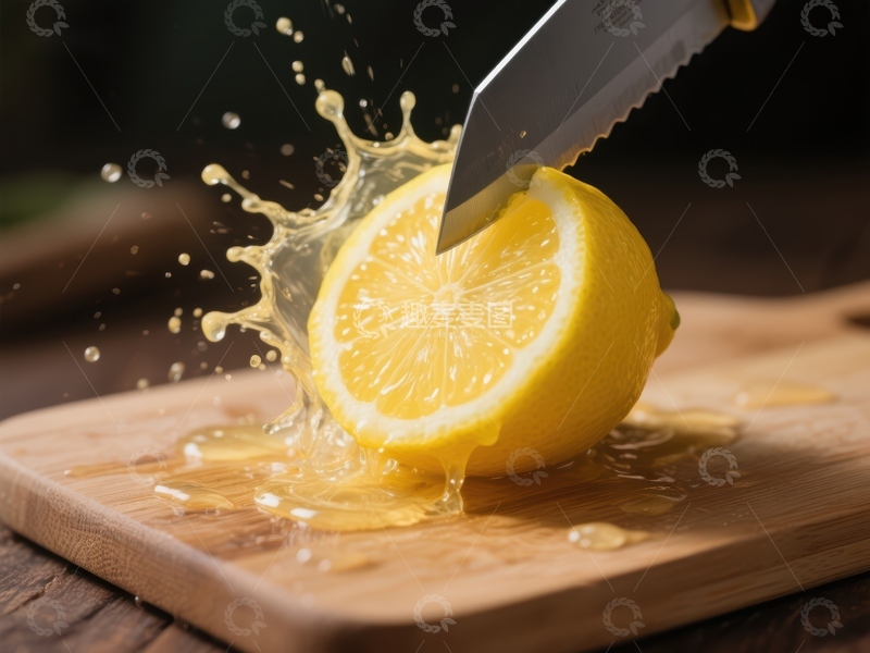 高清大图下载【趣麦麦图】刀切柠檬瞬间，汁液四溅