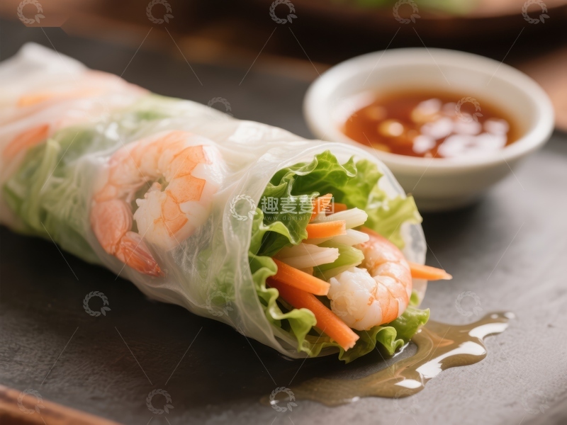 高清大图下载【趣麦麦图】鲜虾春卷配蘸酱