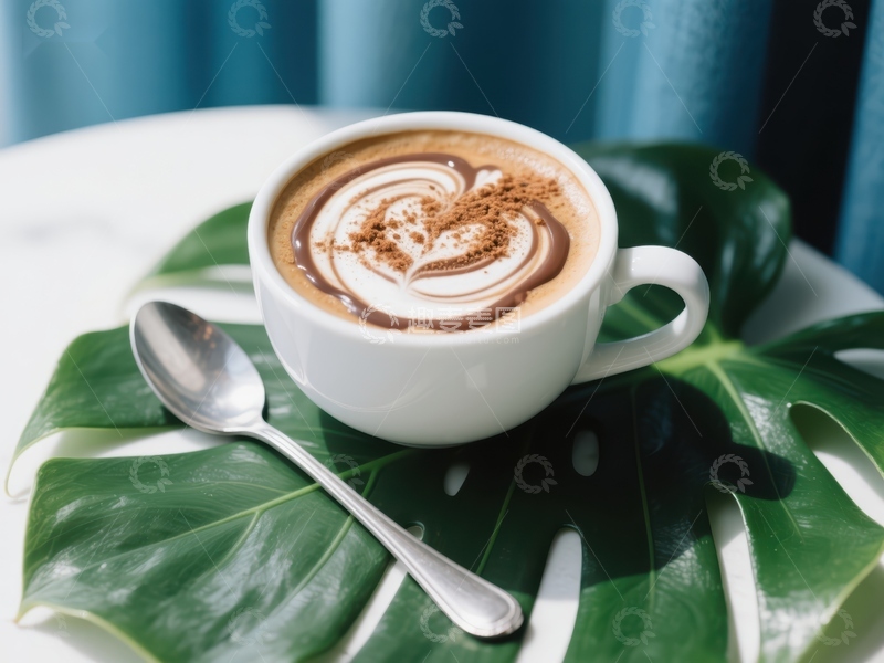 高清大图下载【趣麦麦图】心形拉花咖啡与绿叶装饰