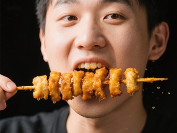 男子品尝串烧美食瞬间
