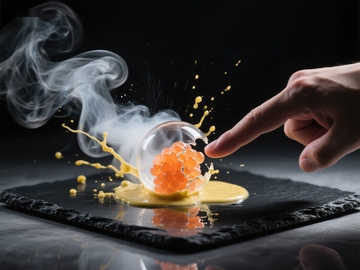 烟雾缭绕，手指轻触爆破鱼子酱