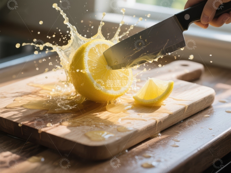 高清大图下载【趣麦麦图】刀切柠檬瞬间，汁液四溅