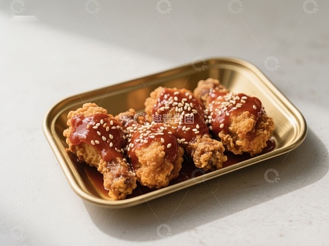 酱汁鸡翅配芝麻，金盘盛放