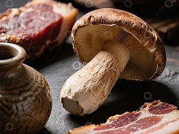 蘑菇与肉片的静物组合