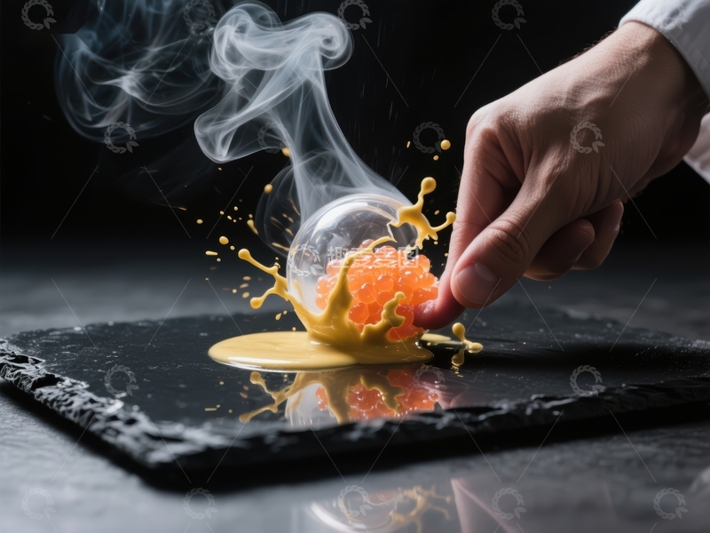 高清大图下载【趣麦麦图】烟雾缭绕，手破球体溅出橙色鱼子酱