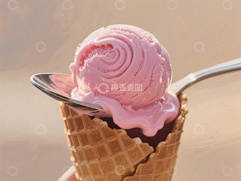 粉色冰淇淋球在蛋筒中