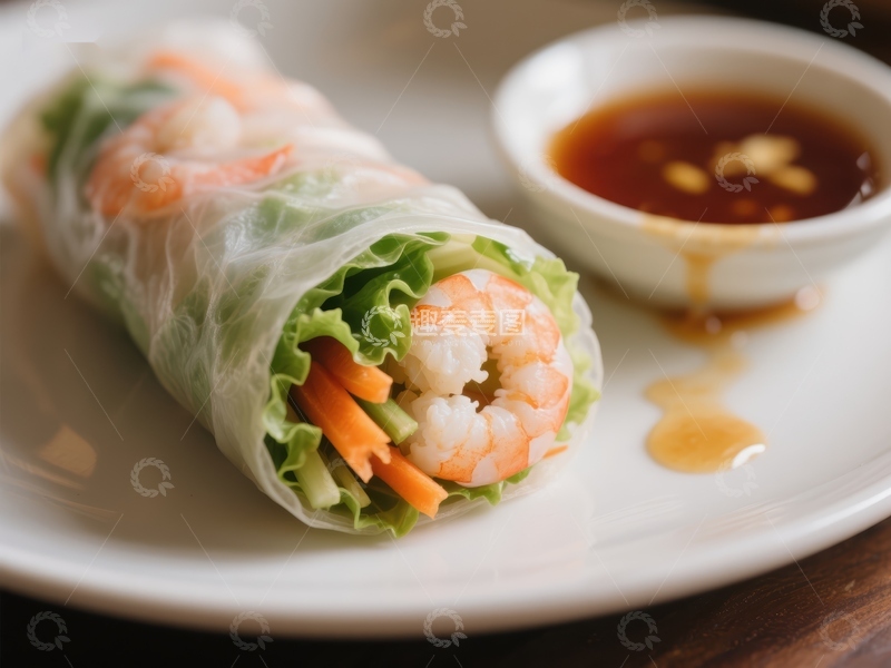 高清大图下载【趣麦麦图】鲜虾春卷配蘸酱