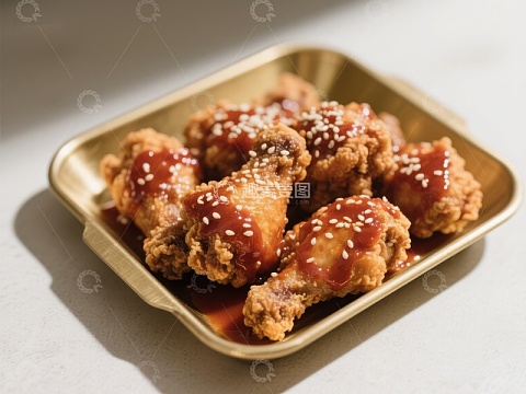 酱汁鸡翅配芝麻，金盘盛装