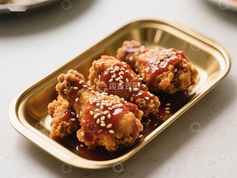 酱汁鸡翅配芝麻，金盘盛装