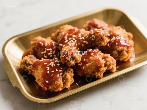 酱汁鸡肉块，撒芝麻装盘