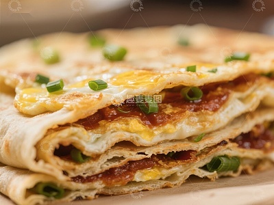 金黄煎饼卷蛋，葱花点缀