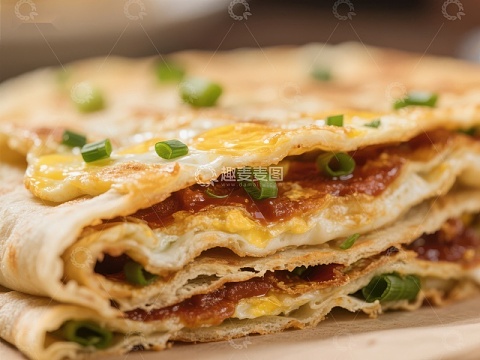 金黄煎饼卷蛋，葱花点缀