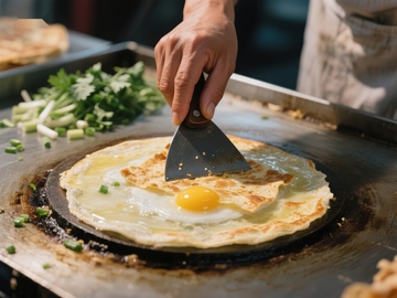 煎饼上打蛋制作美食