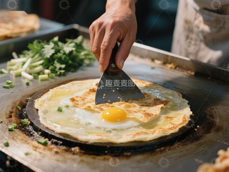 高清大图下载【趣麦麦图】煎饼上打蛋制作美食