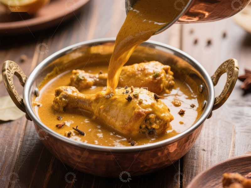 高清大图下载【趣麦麦图】咖喱鸡腿倒入铜碗