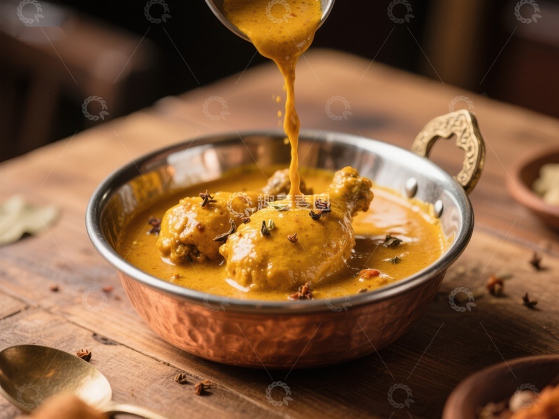 高清大图下载【趣麦麦图】咖喱鸡肉倒入铜碗