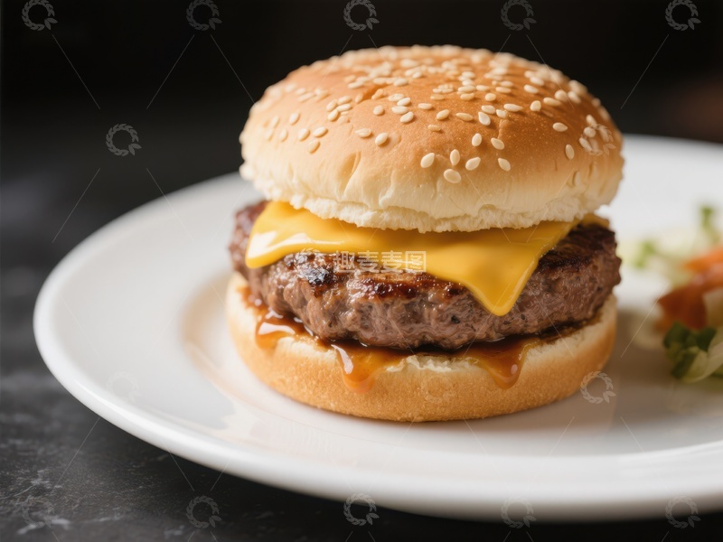 高清大图下载【趣麦麦图】芝士汉堡特写，搭配新鲜配菜