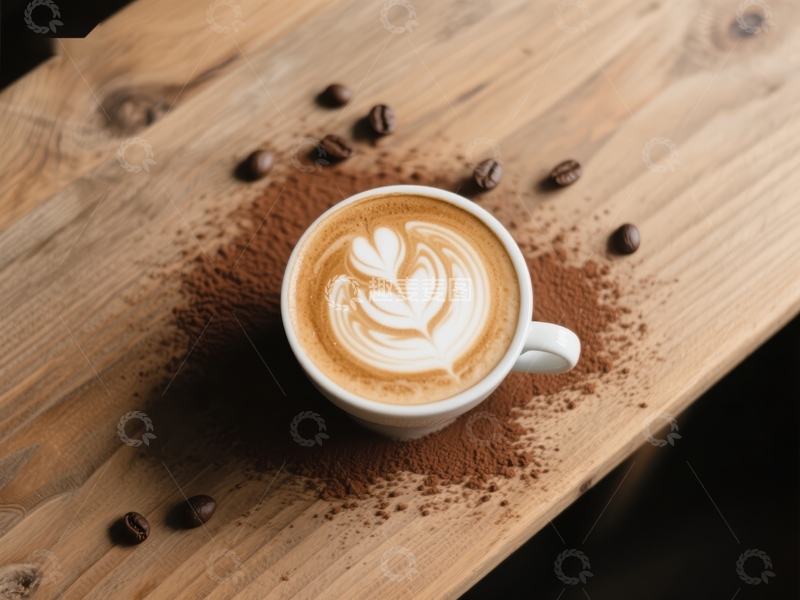 高清大图下载【趣麦麦图】木板上的咖啡杯与豆粒