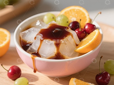 冰块水果碗配焦糖酱