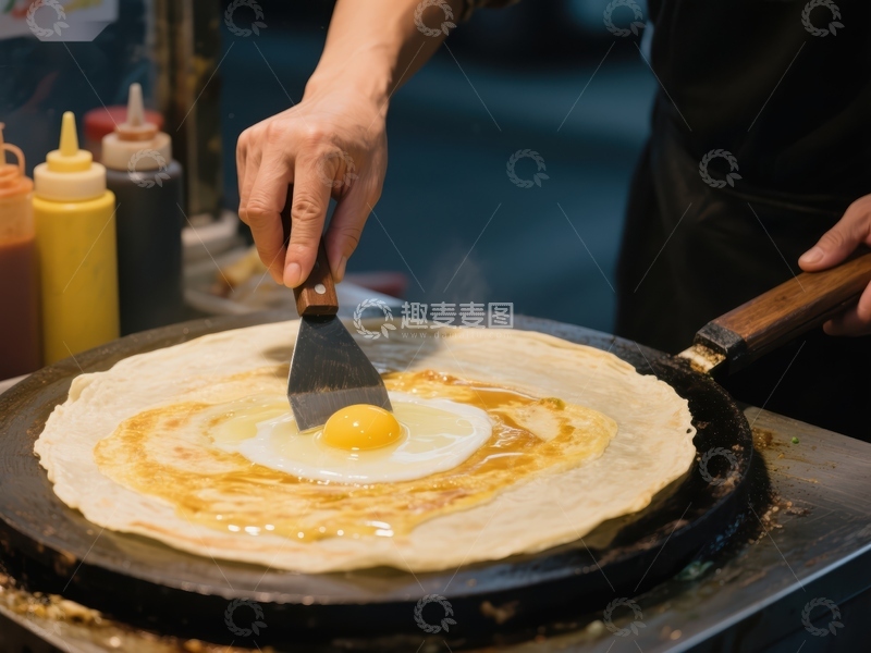 高清大图下载【趣麦麦图】街头美食：煎饼上的蛋黄