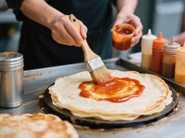 厨师用刷子涂抹酱料在薄饼上