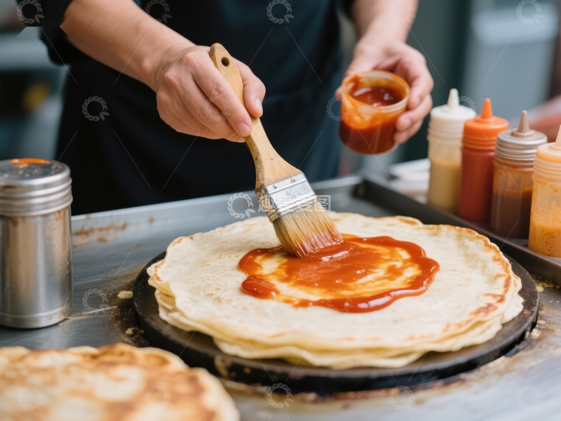 高清大图下载【趣麦麦图】厨师用刷子涂抹酱料在薄饼上