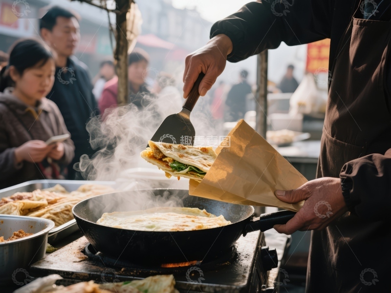 高清大图下载【趣麦麦图】街头美食：厨师现场制作煎饼