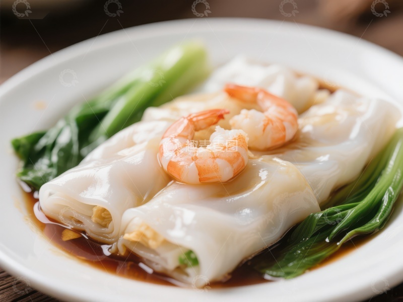 高清大图下载【趣麦麦图】鲜虾肠粉配青菜